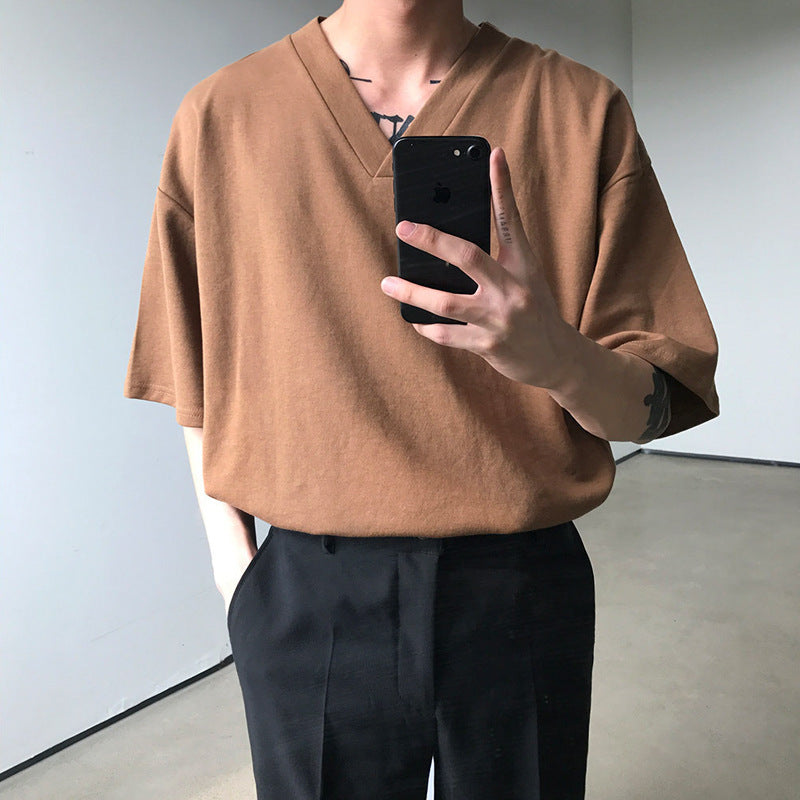 Solid Color V-neck Pullover Loose Short-sleeved T-shirt Men's