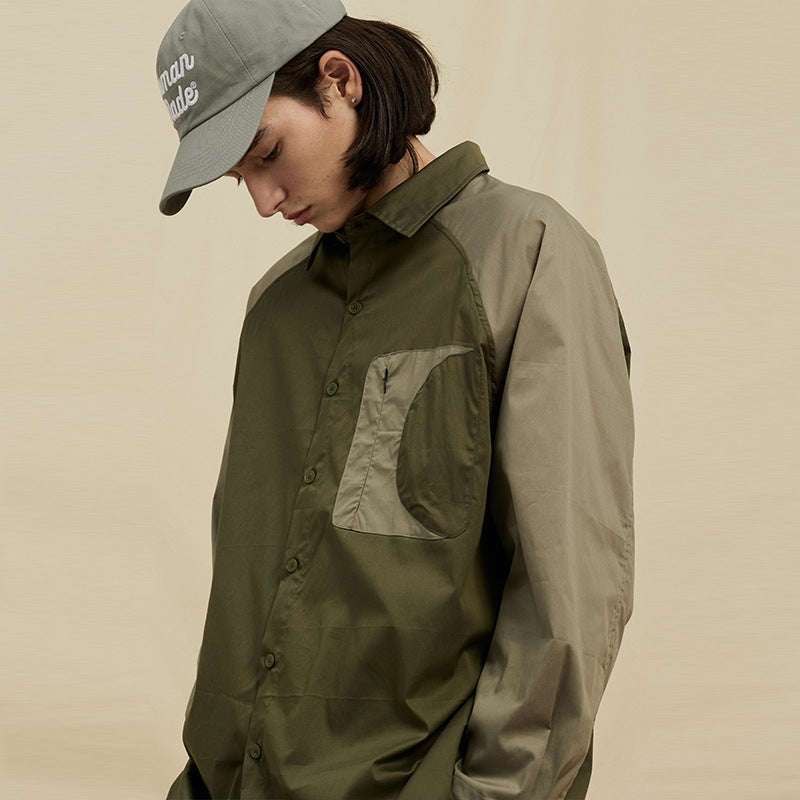 Color-block Raglan Sleeves Lapel Loose Casual Shirt