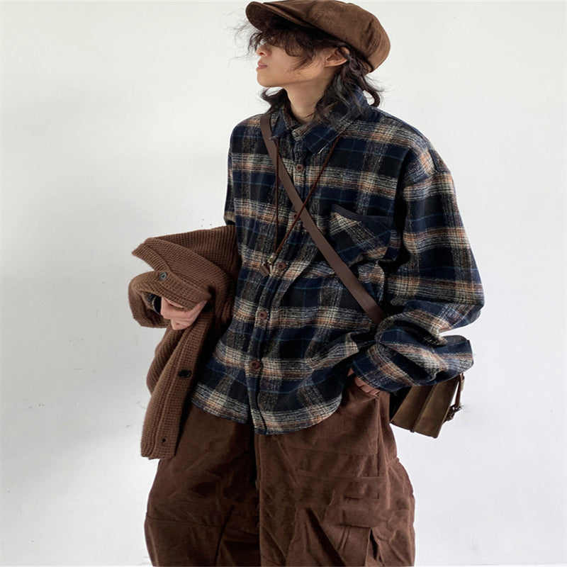 Retro College Style Woolen Plaid Shirt