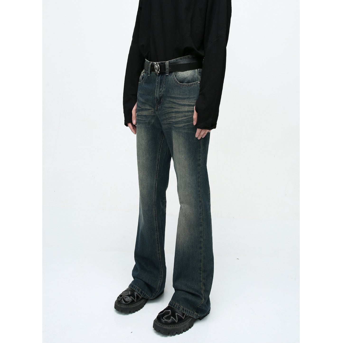 High Street Style Retro Washed Distressed Slightly Flared Jeans