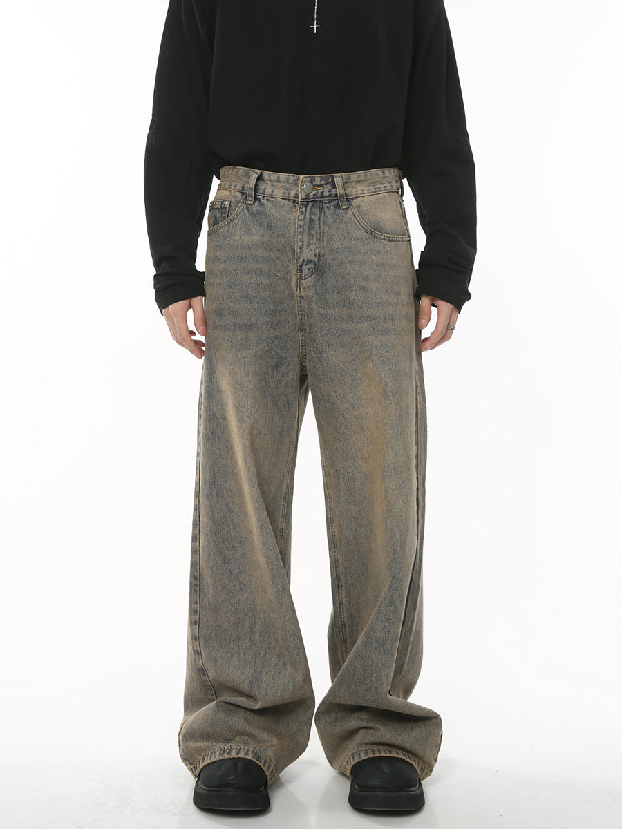 Distressed Retro Loose Wide-Leg Ins Denim Trousers
