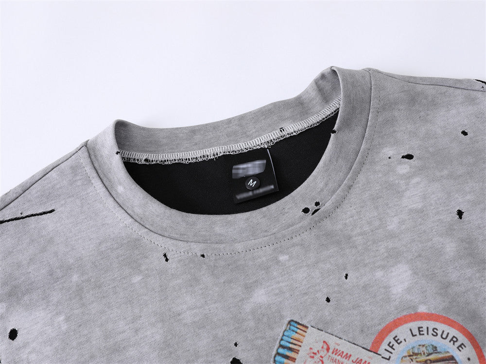Digital Direct Injection Distressed Printed Short-sleeved T-shirt