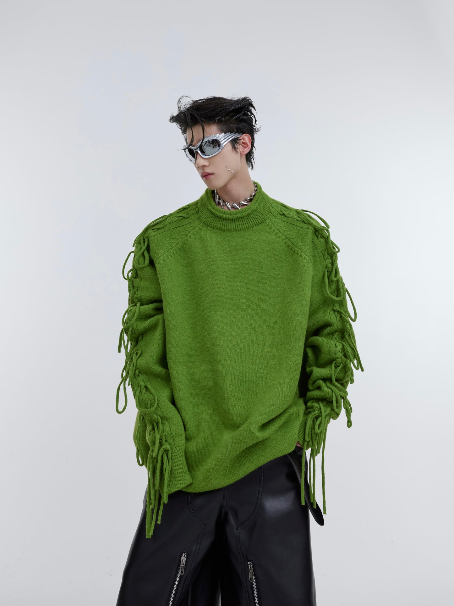 Deconstructed Fringe Crease Neck Knit Sweater