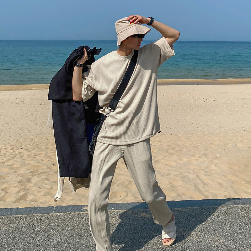 Summer Solid Color Half-sleeved Ice Silk T-shirt Set