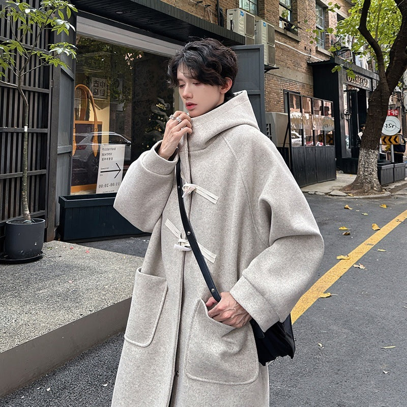 Woolen Horn Button Hooded Coat Mid-length