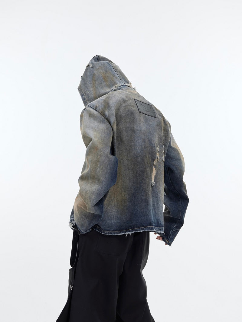 Padded Retro Distressed Hooded Denim Jacket