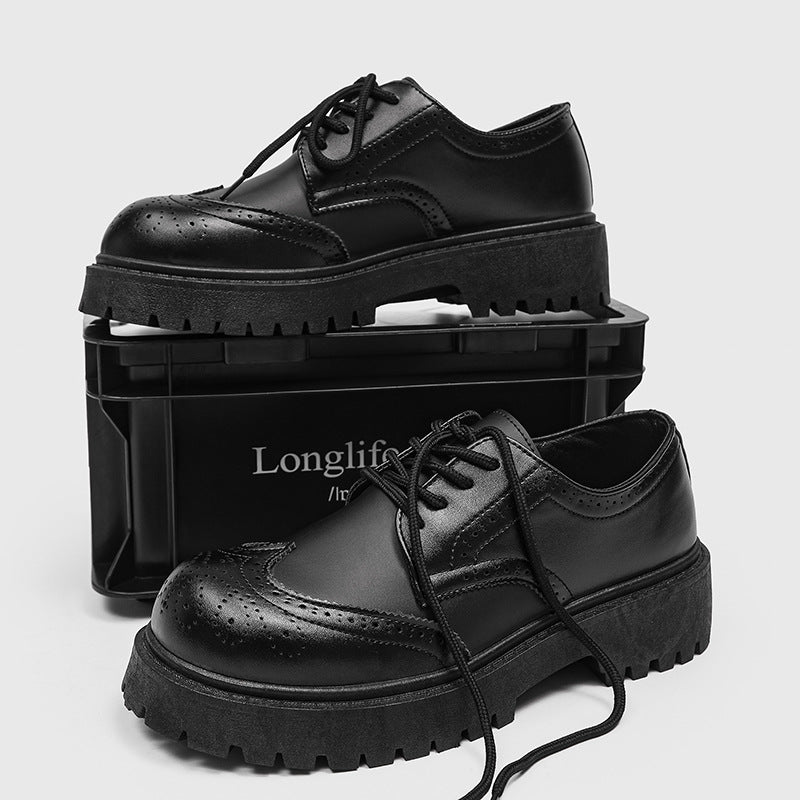 Black Carved Brogue Big Toe Casual Leather Shoes