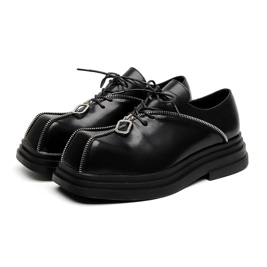 Square Toe Zipper Black Leather Shoes