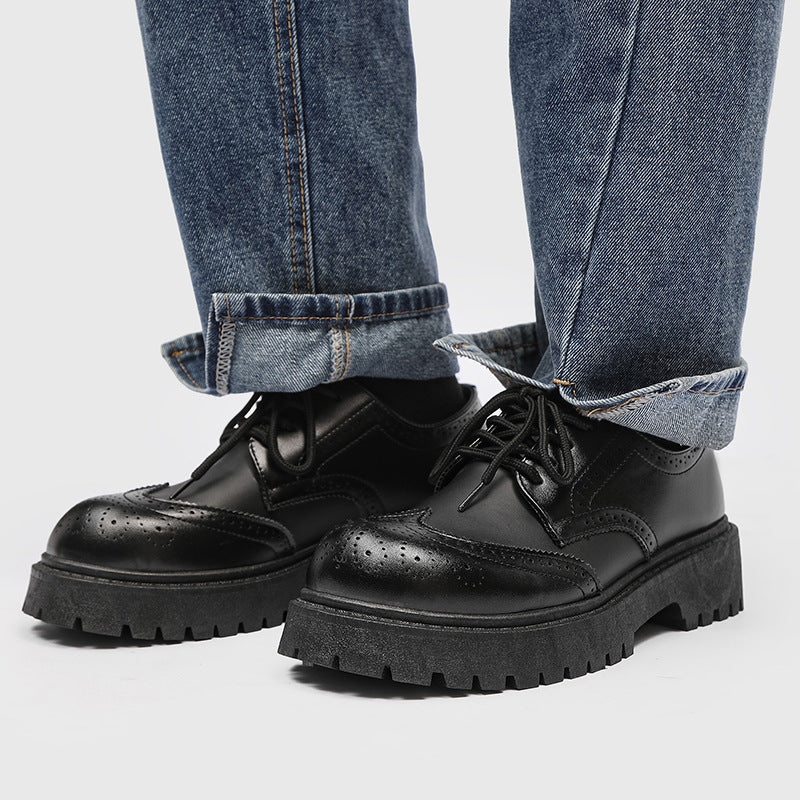 Black Carved Brogue Big Toe Casual Leather Shoes