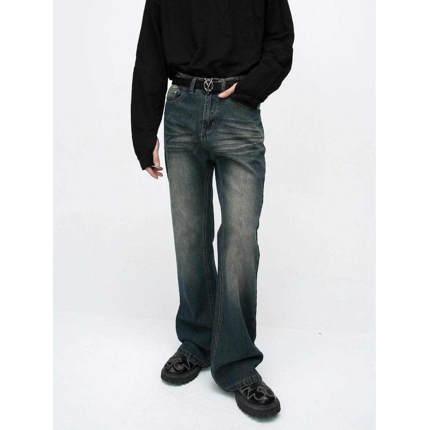 High Street Style Retro Washed Distressed Slightly Flared Jeans