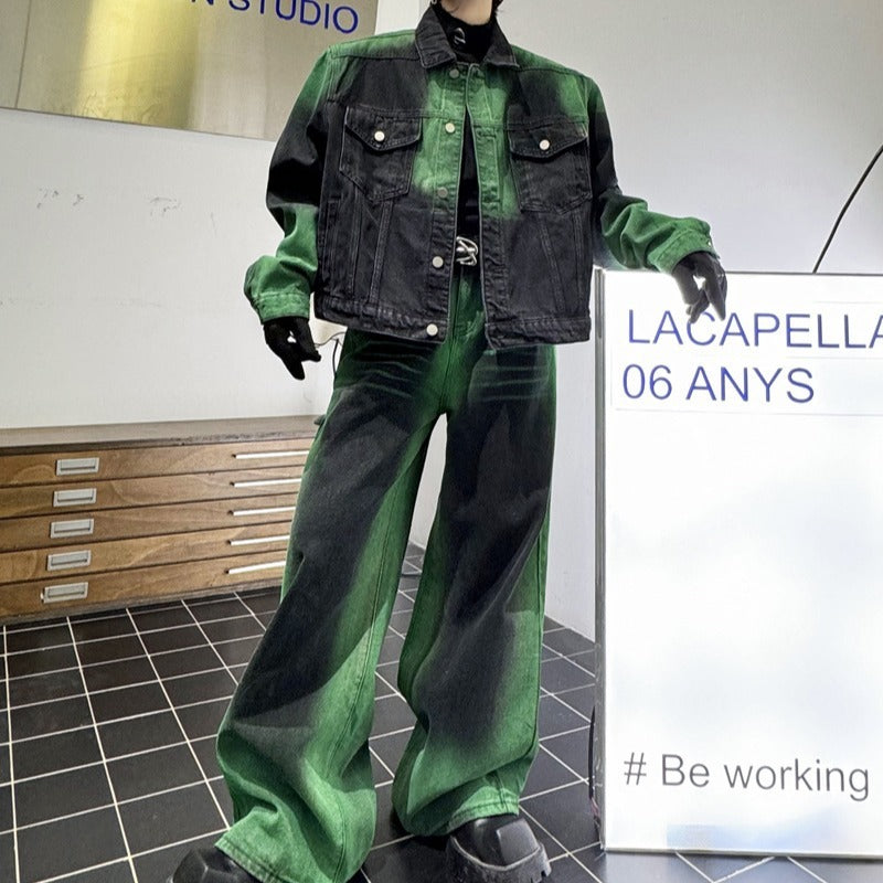 Black And Green Gradient Denim Jacket Trousers Suit