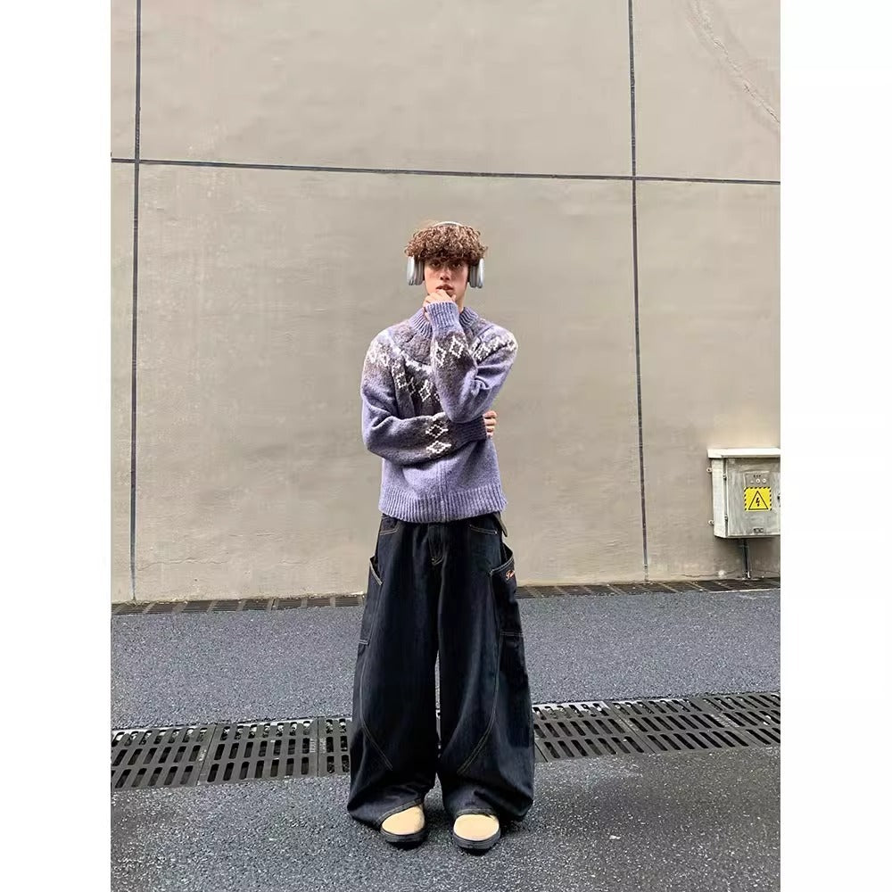 Pattern Round Neck Zipper Knitted Lazy Loose Casual Sweater