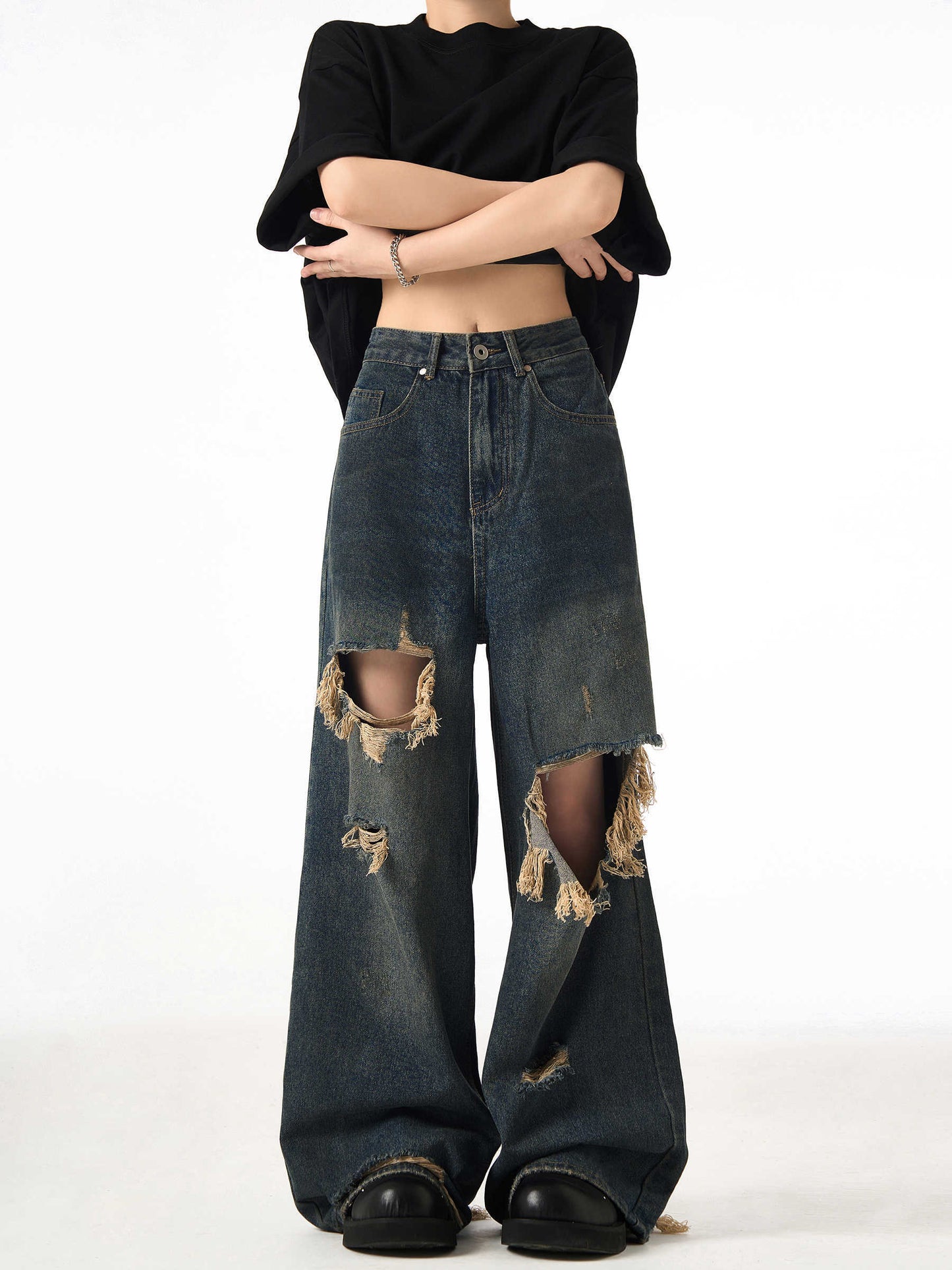 Couple Hole Worn Jeans Wide-leg Pants