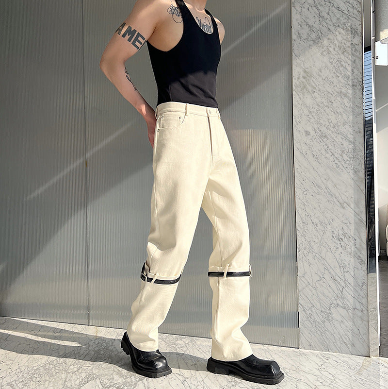 Straight Belt Spliced Slim Fit Jeans