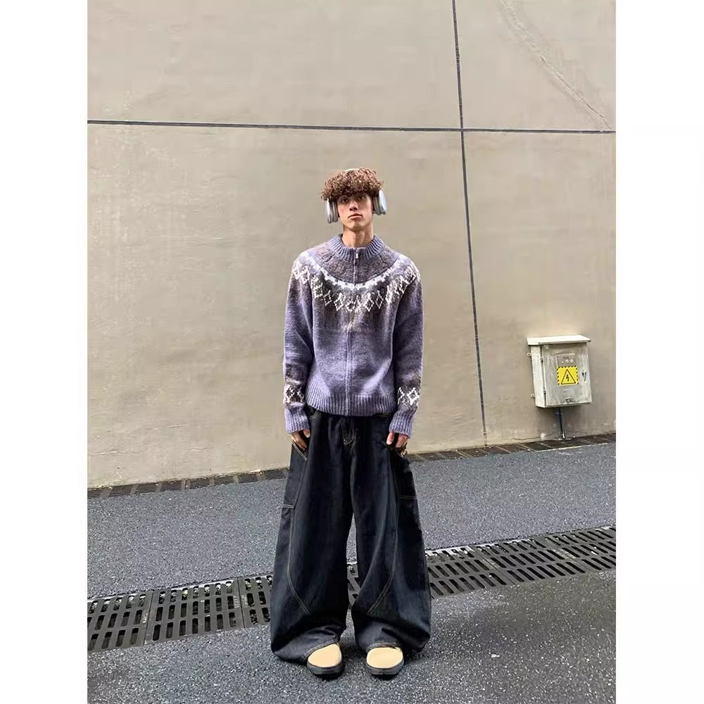 Pattern Round Neck Zipper Knitted Lazy Loose Casual Sweater