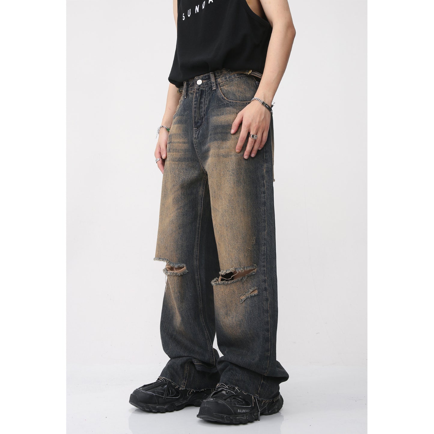 Retro Distressed Rust Earthy Hole Raw Hem Jeans