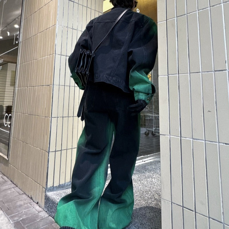 Black And Green Gradient Denim Jacket Trousers Suit