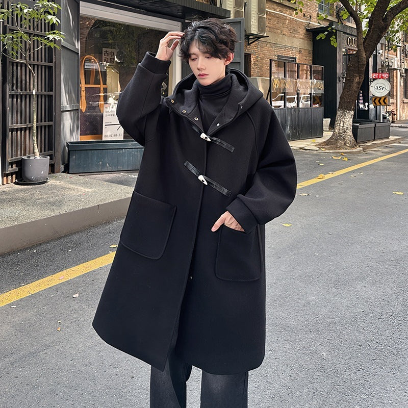 Woolen Horn Button Hooded Coat Mid-length