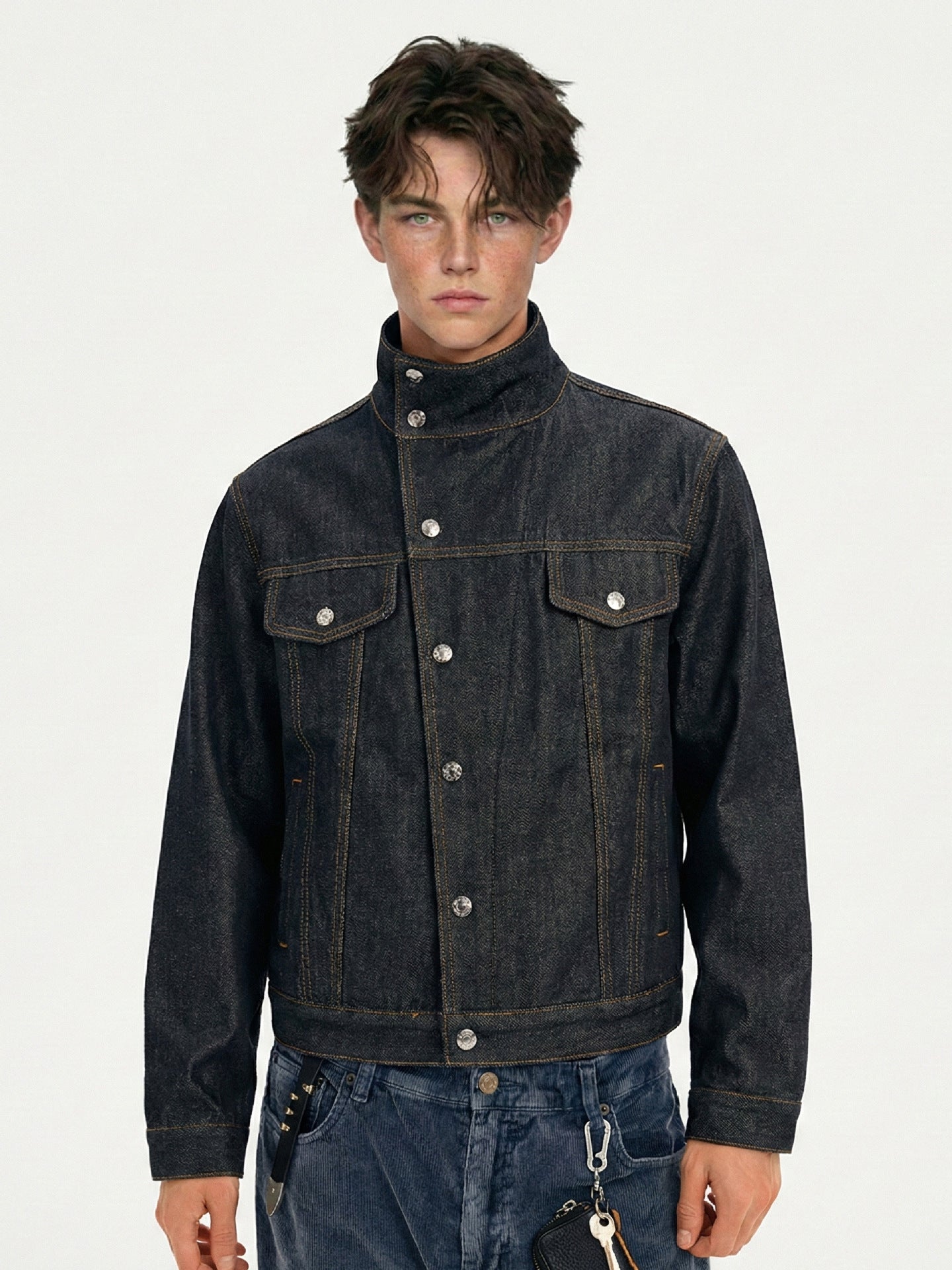 Dark Indigo Stand Collar Utility Denim Jacket