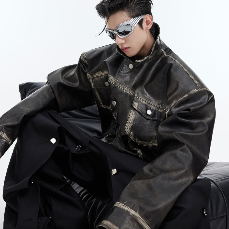 Heavy Vintage Leather Distressed Padded Shoulder Jacket