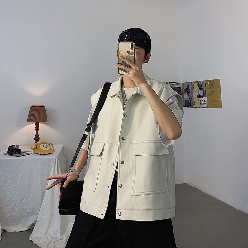 Leather Vest Port Style Solid Color Casual Jacket