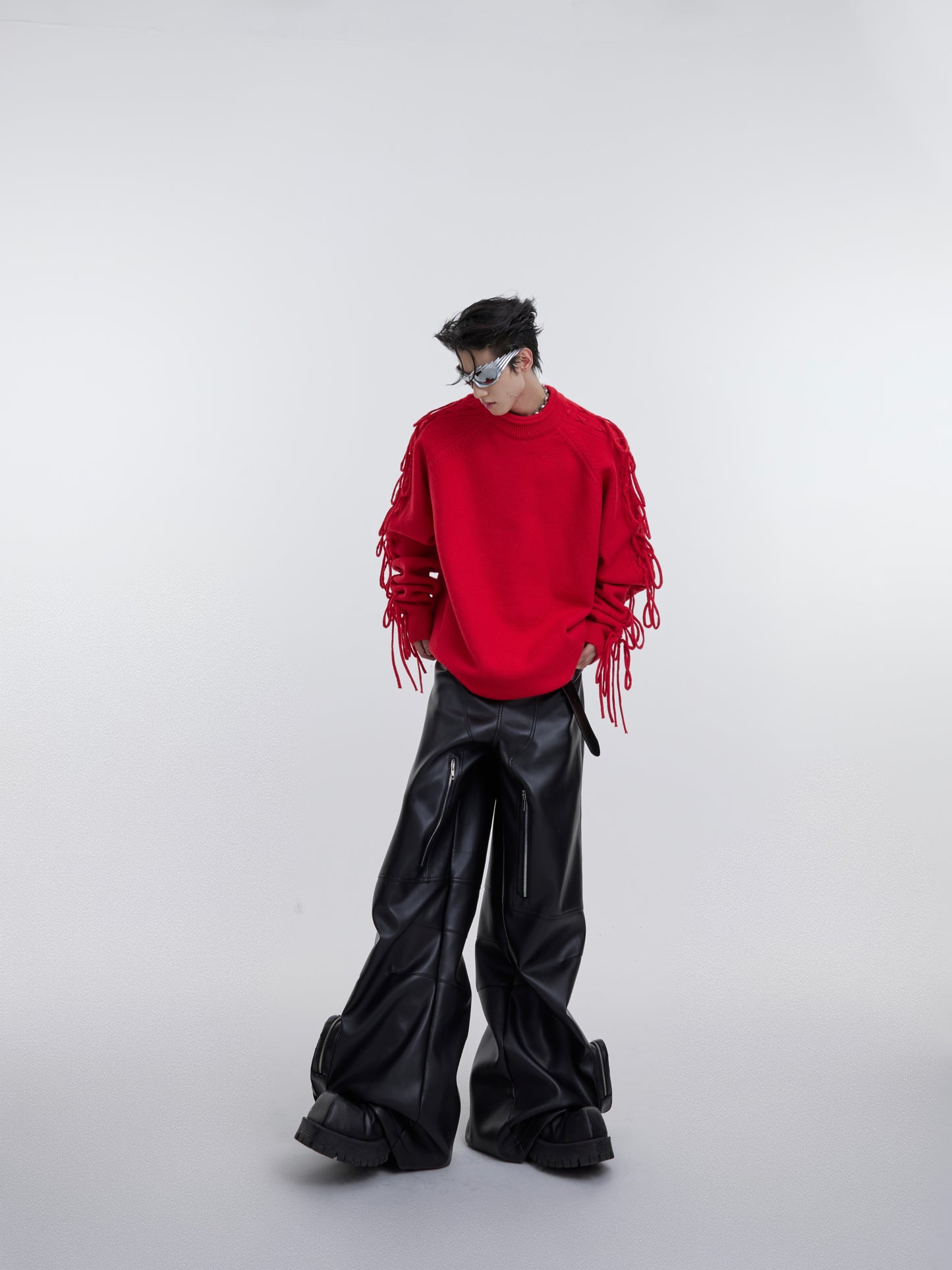 Deconstructed Fringe Crease Neck Knit Sweater