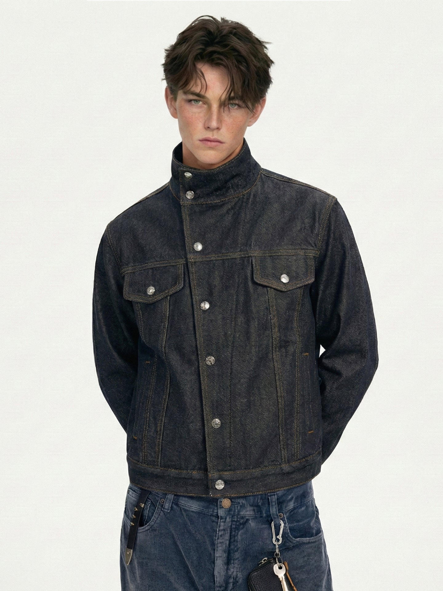 Dark Indigo Stand Collar Utility Denim Jacket