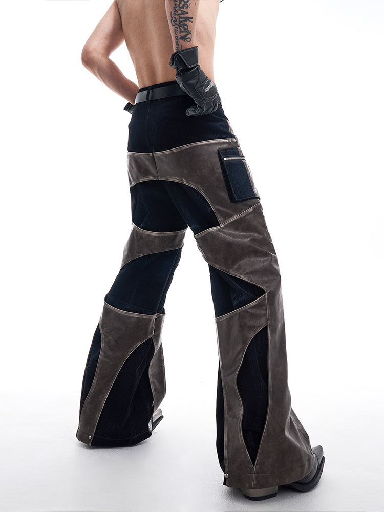 Niche Structure Design Leather Patchwork Casual Straight Pants