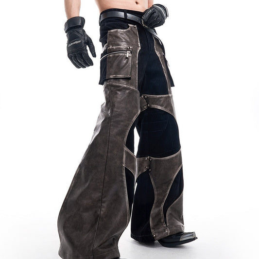 Niche Structure Design Leather Patchwork Casual Straight Pants