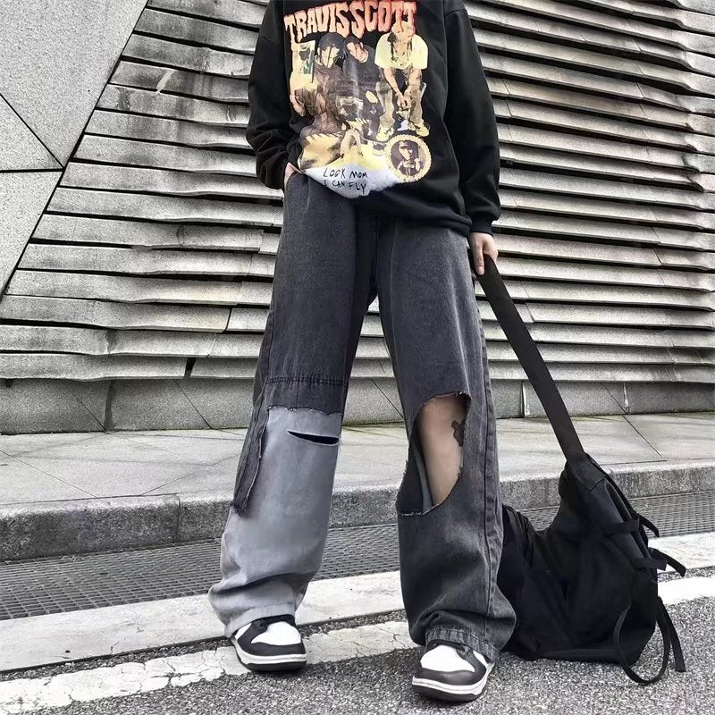 Gradient Loose Retro Harbor Style Ripped Jeans