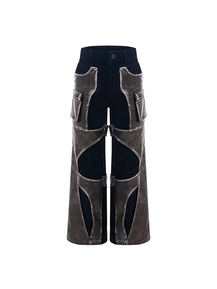 Niche Structure Design Leather Patchwork Casual Straight Pants