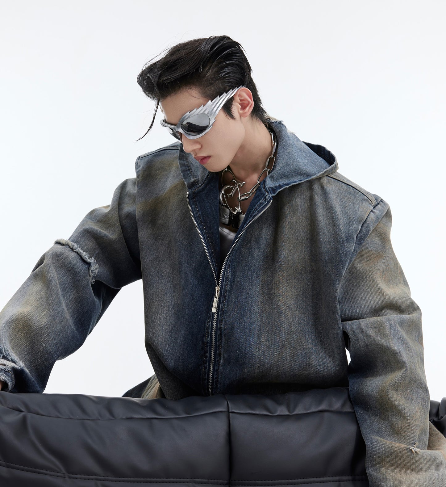 Padded Retro Distressed Hooded Denim Jacket