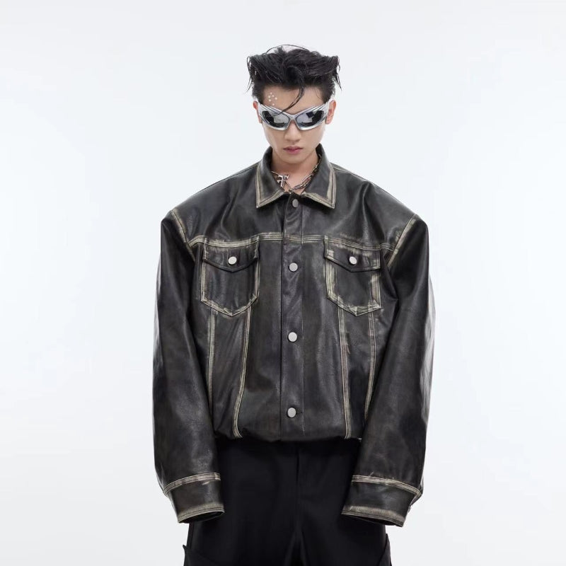 Heavy Vintage Leather Distressed Padded Shoulder Jacket