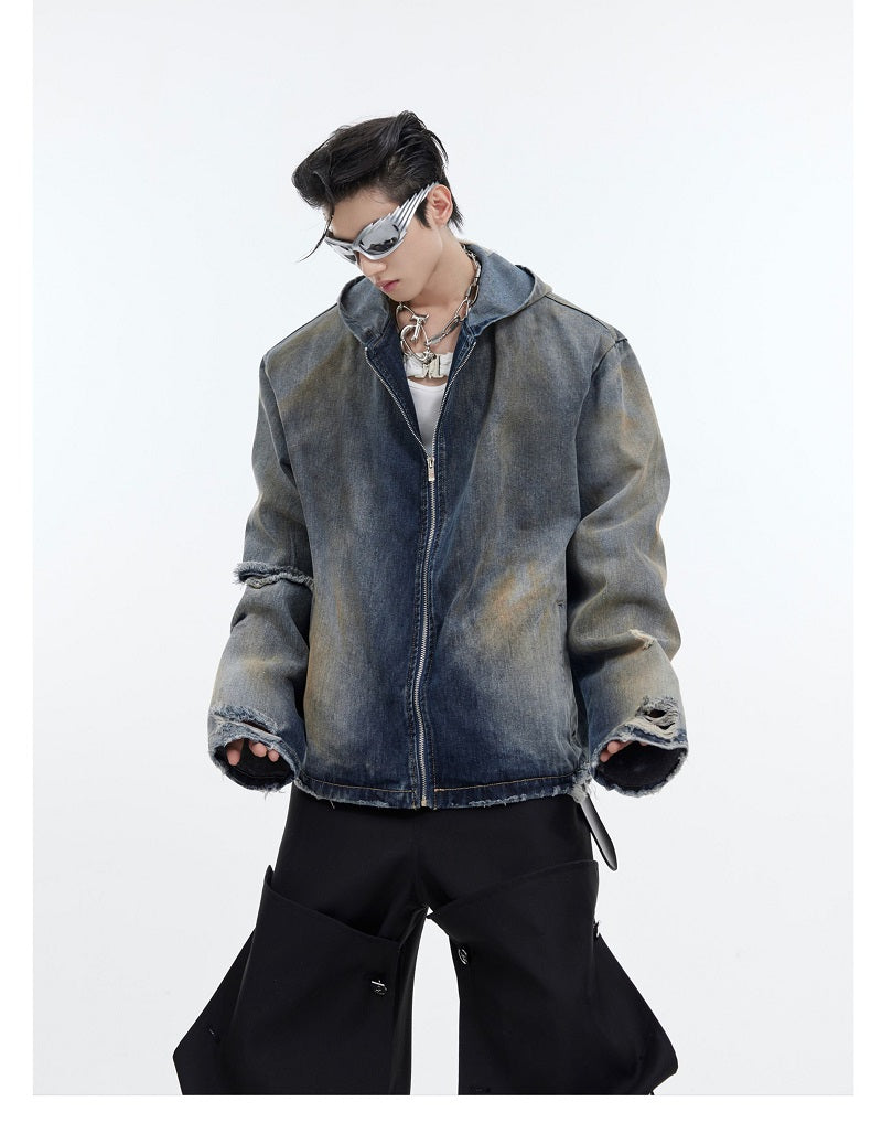 Padded Retro Distressed Hooded Denim Jacket