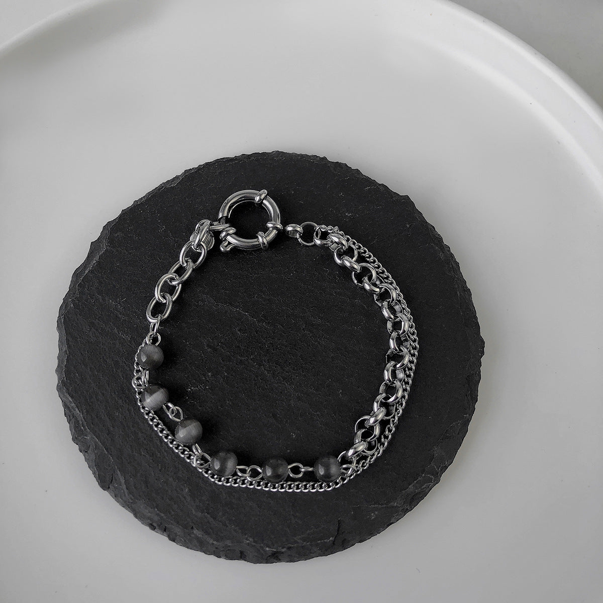Grey Opal Stitching Metal Double-layer Bracelet (Unisex)