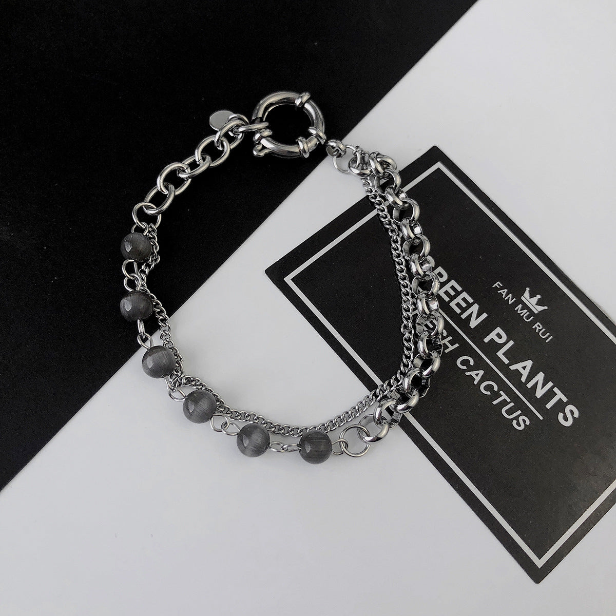 Grey Opal Stitching Metal Double-layer Bracelet (Unisex)