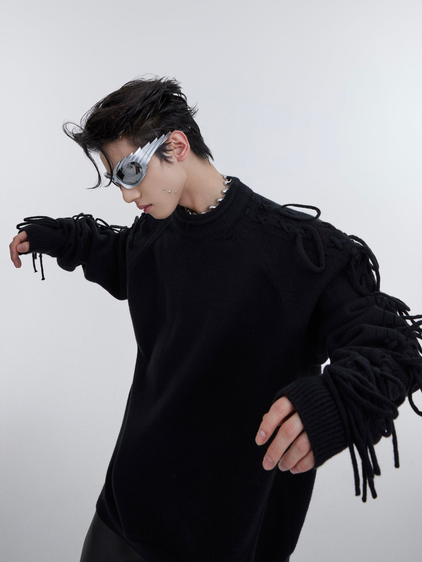 Deconstructed Fringe Crease Neck Knit Sweater