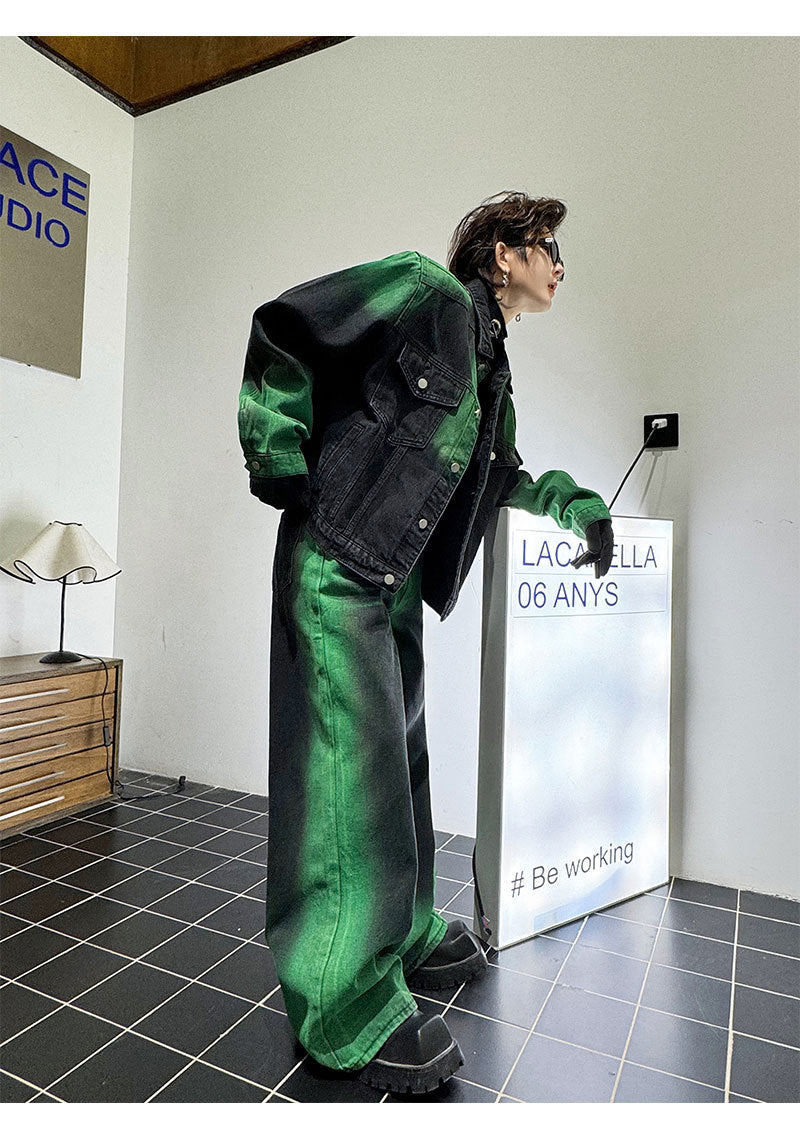 Black And Green Gradient Denim Jacket Trousers Suit
