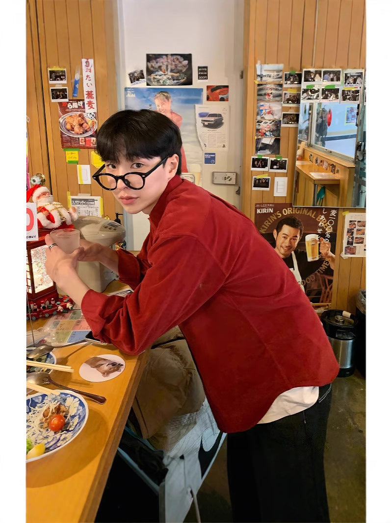Retro Wine-Red Corduroy Lapel Long-Sleeve Shirt