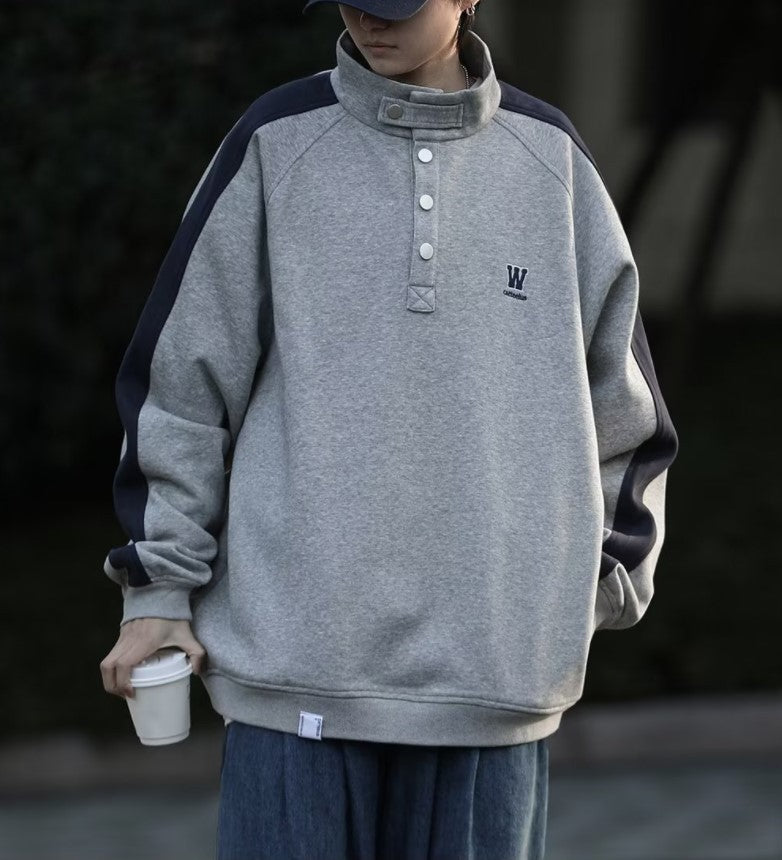 College Style Stand Collar Patchwork Pullover Sweat Shirt