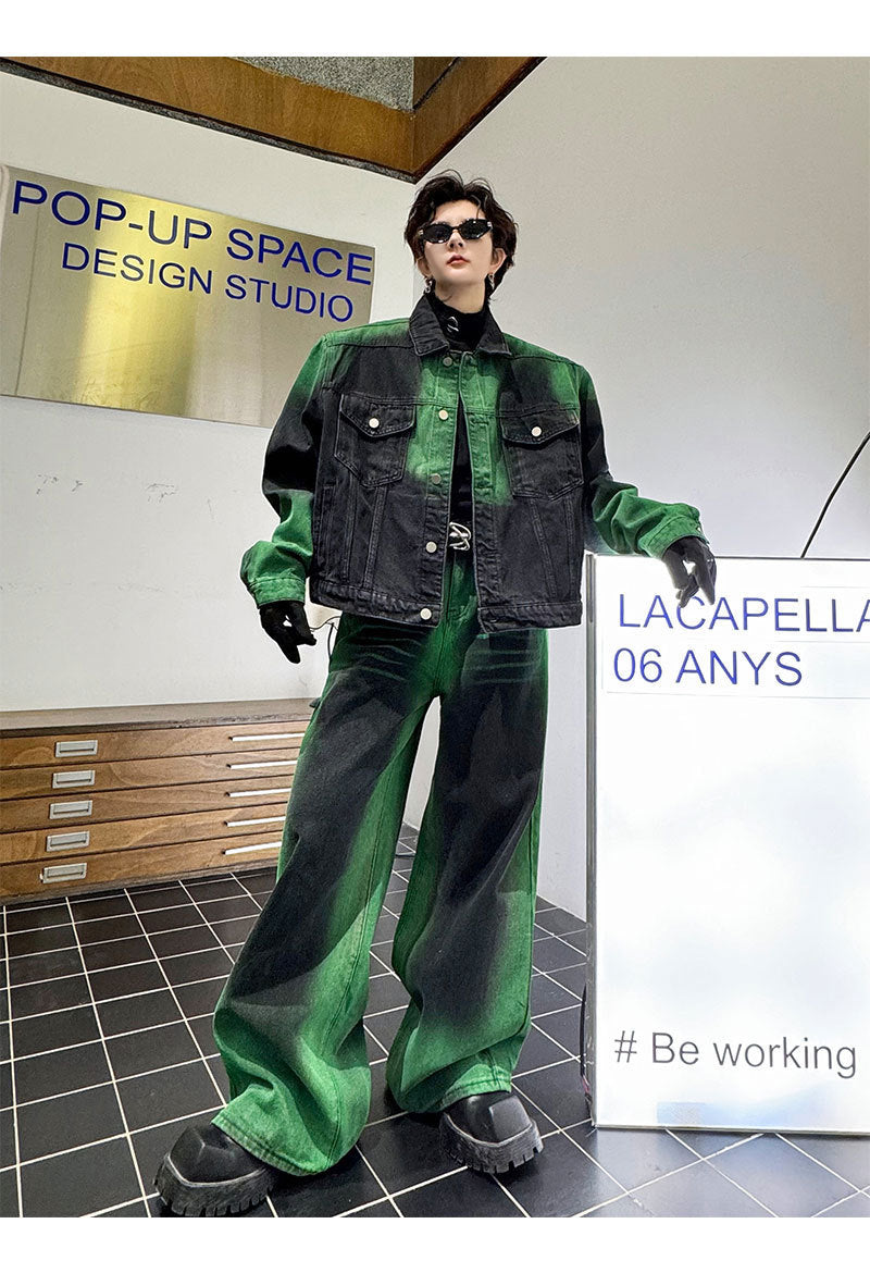 Black And Green Gradient Denim Jacket Trousers Suit