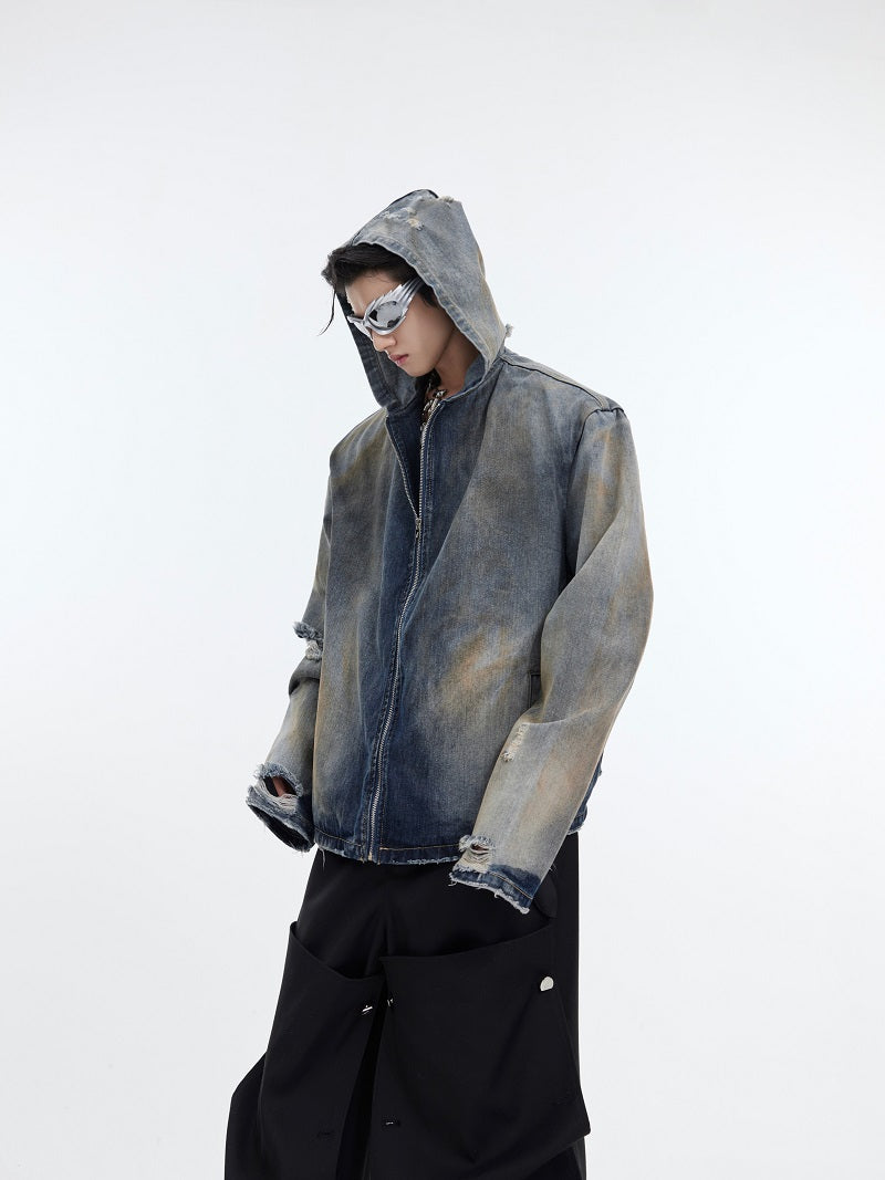 Padded Retro Distressed Hooded Denim Jacket