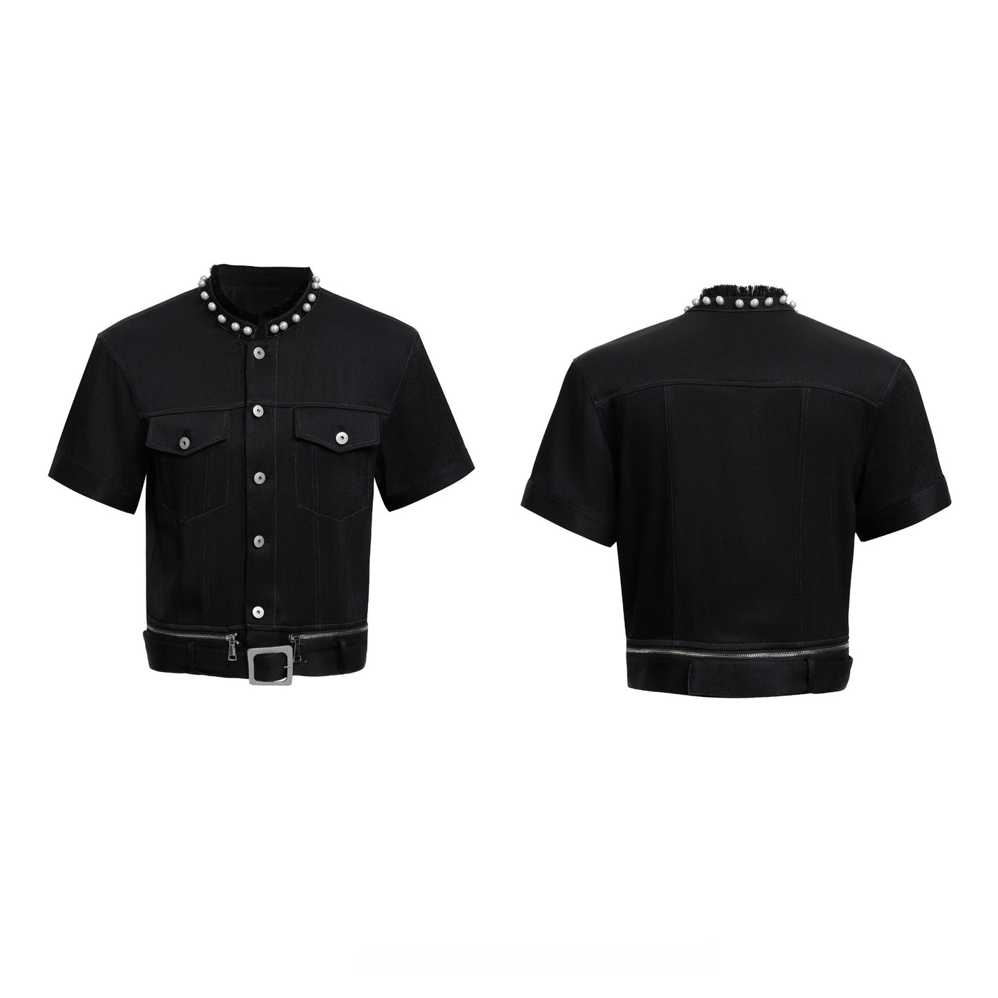 Pearl Edging Short Sleeve Denim Suit