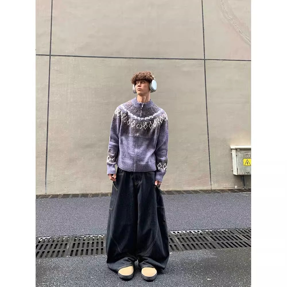 Pattern Round Neck Zipper Knitted Lazy Loose Casual Sweater