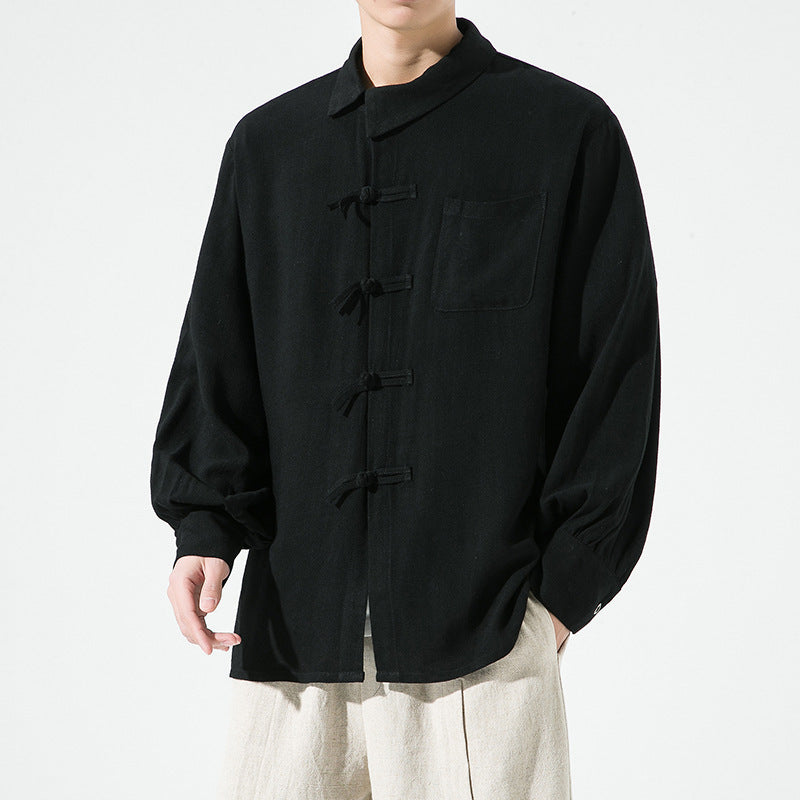 Spring And Summer Dark Cotton And Linen Shirt t Button Coat