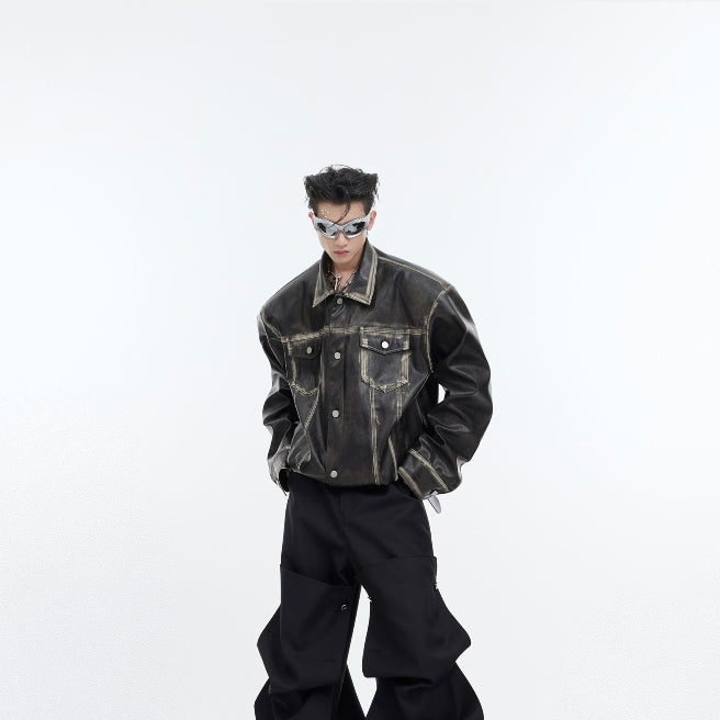 Heavy Vintage Leather Distressed Padded Shoulder Jacket