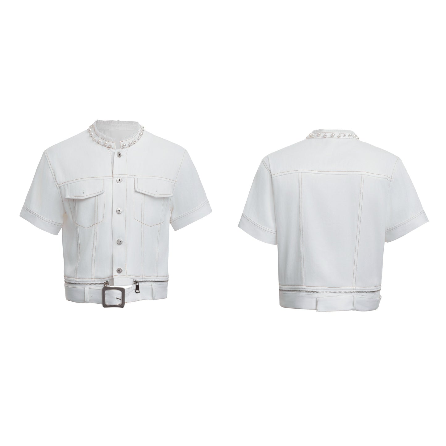 Pearl Edging Short Sleeve Denim Suit