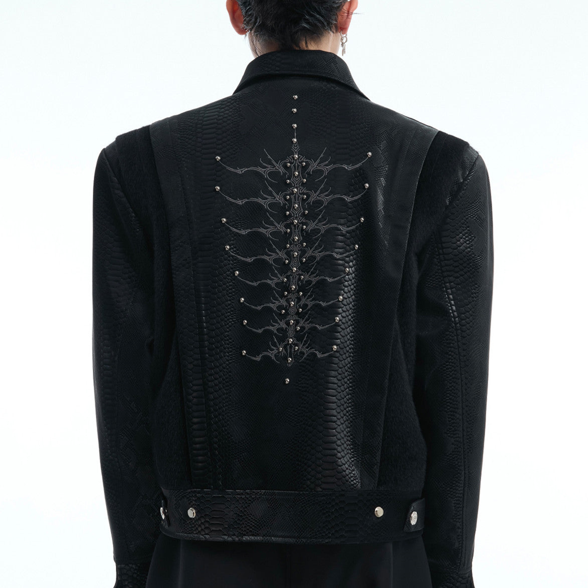 Niche Pattern Snakeskin Stitching Jacket Rivet Embroidery PU Leather Coat