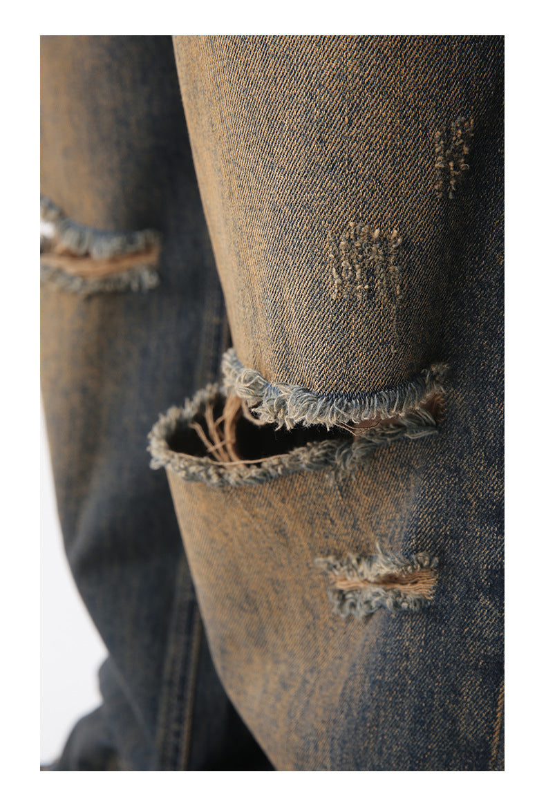 Retro Distressed Rust Earthy Hole Raw Hem Jeans