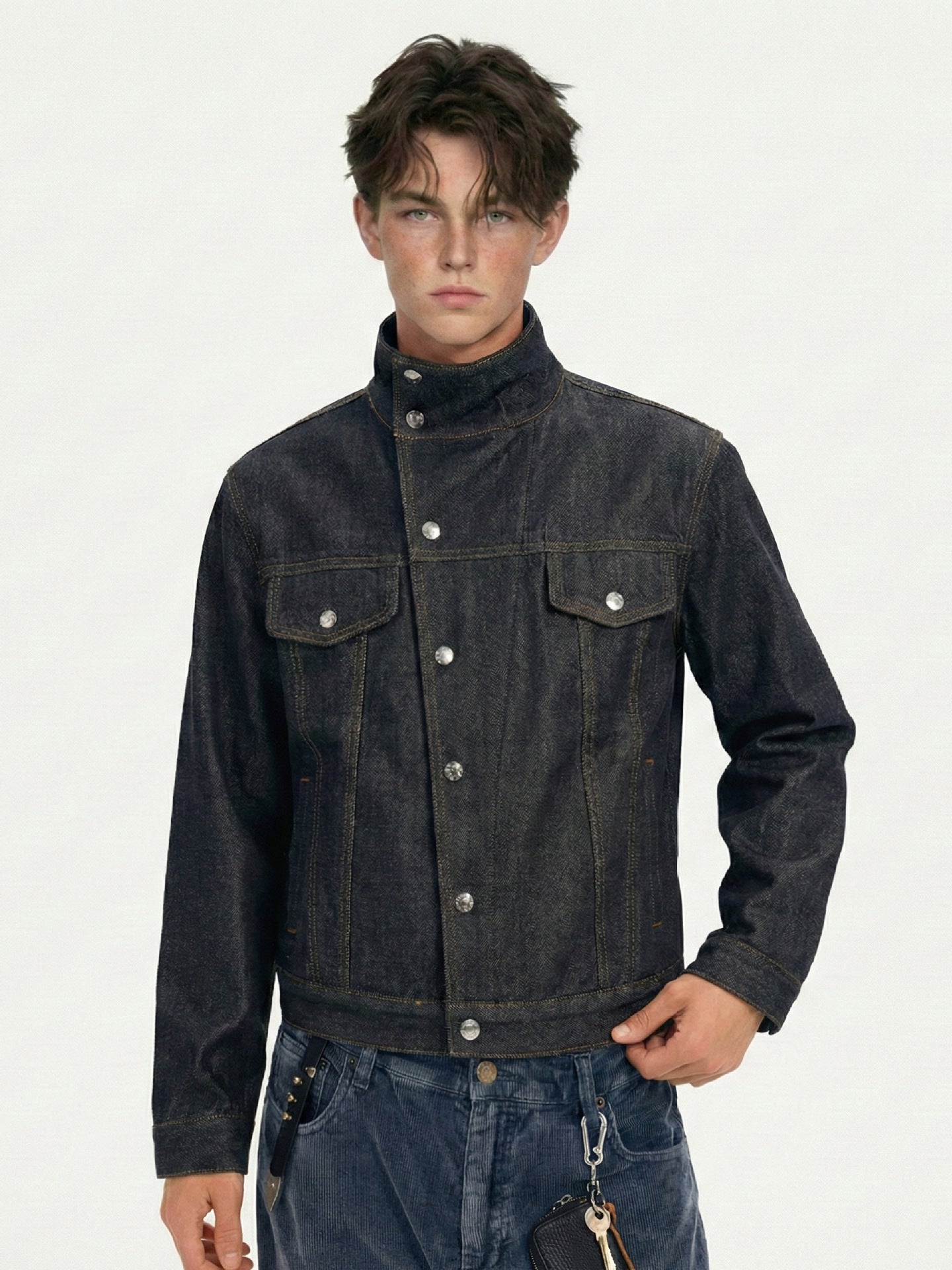 Dark Indigo Stand Collar Utility Denim Jacket